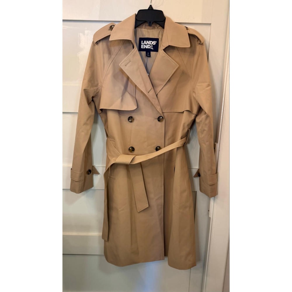 Lands’ End Women’s Classic Belted Trench Coat Khaki Double Breasted Size S 6 NWT